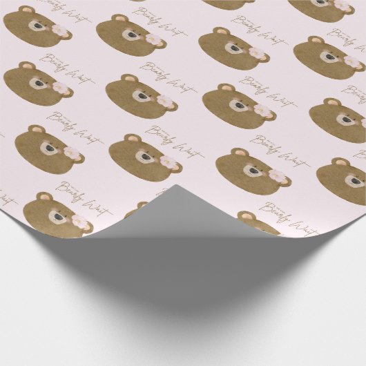 ピンクのテディ我々は心から女の子の赤ちゃんシャワーを待つことができる ラッピングペーパー (角)
