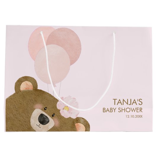 ピンクのテディ我々は心から女の子の赤ちゃんシャワーを待つことができる ラージペーパーバッグ (裏面)