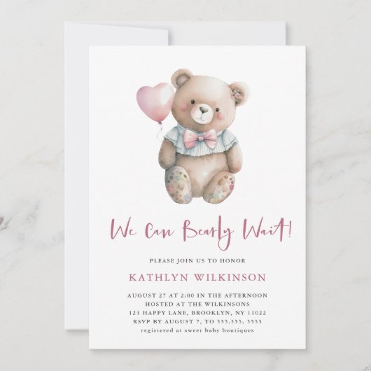 ピンクのテディ我々は心から女の子の赤ちゃんシャワーを待つことができる 招待状 (正面)