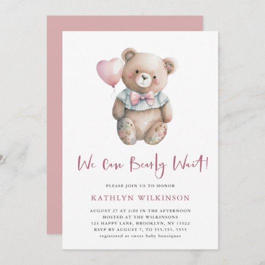 ピンクのテディ我々は心から女の子の赤ちゃんシャワーを待つことができる 招待状 (正面/裏面)
