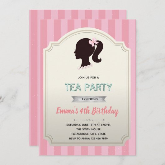 ピンクのテーマ人形の誕生日の招待状 招待状 (正面/裏面)