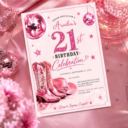 ピンクのディスコカウガールの21歳の誕生日パーティー 招待状