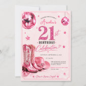 ピンクのディスコカウガールの21歳の誕生日パーティー 招待状 (正面)