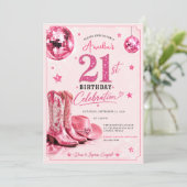 ピンクのディスコカウガールの21歳の誕生日パーティー 招待状 (スタンド正面)