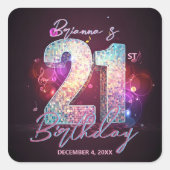 ピンクのディスコミュージカルノート付き21歳の誕生日 スクエアシール (正面)