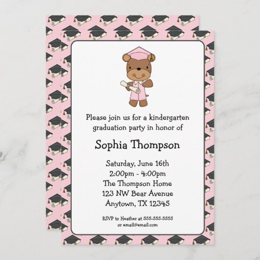 ピンクのディプロマ·ベア·ガール卒業 招待状 (正面/裏面)
