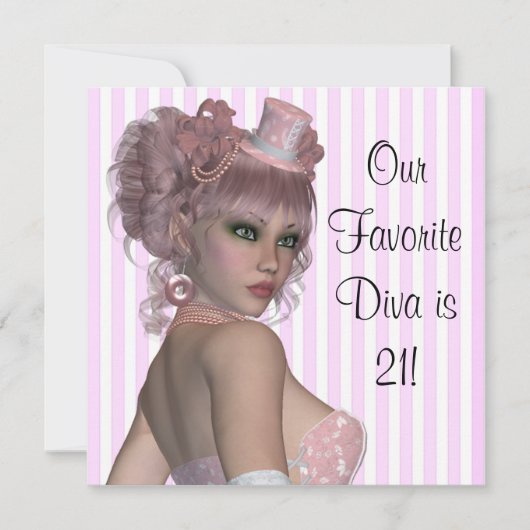 ピンクのディーバ 女性の21歳の誕生日パーティー 招待状 (正面)