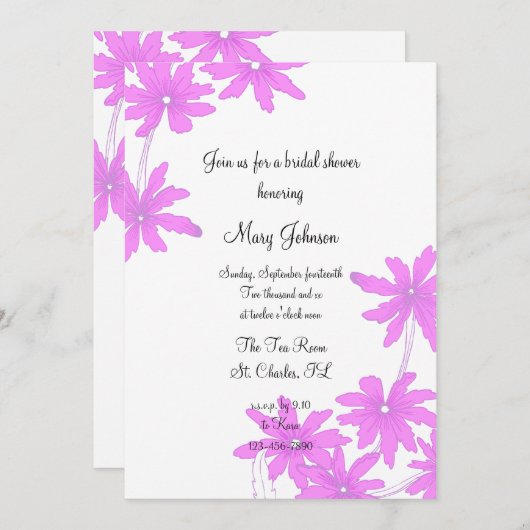 ピンクのデイジーが白いブライダルシャワーへの招待 招待状 (正面/裏面)