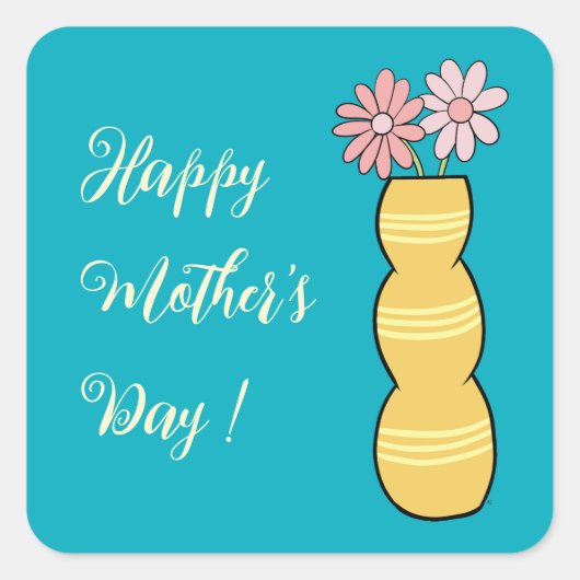ピンクのデイジーが花瓶の母の日のステッカーに スクエアシール (正面)