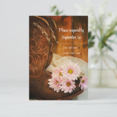 ピンクのデイジーとカウボーイブーツウェスタンウェディングRSVP 出欠カード (スタンド正面)