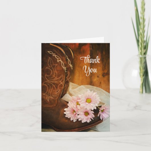 ピンクのデイジーとカウボーイブーツ西ありがとう サンキューカード (正面)