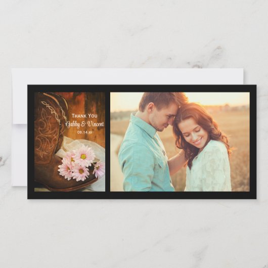ピンクのデイジーとカウボーイ結婚ブーツありがとう サンキューカード (正面)
