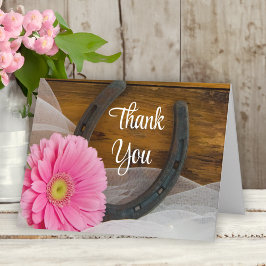 ピンクのデイジーとホースシューウェスタン結婚ズ・サンキュー サンキューカード