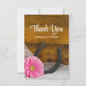 ピンクのデイジーとホースシューウェスタン結婚ズ・サンキュー サンキューカード (正面)