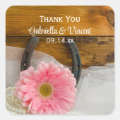 ピンクのデイジーとホースシューウェスタン結婚ズ・サンキュー スクエアシール (正面)