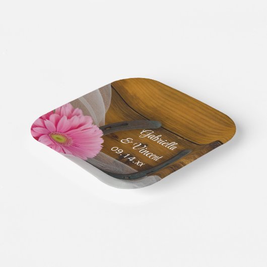 ピンクのデイジーと馬蹄地方の結婚式 ペーパープレート (傾斜あり)