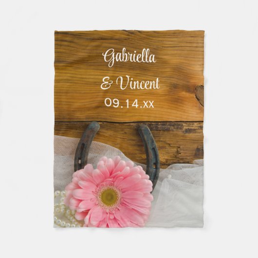 ピンクのデイジーと馬蹄地方ウェディングキープサケ フリースブランケット (正面)