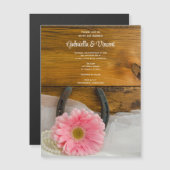 ピンクのデイジーと馬蹄西結婚の マグネット招待状 (正面/裏面)