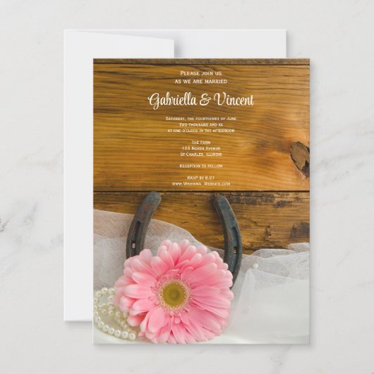 ピンクのデイジーと馬蹄西結婚の マグネット招待状 (正面)