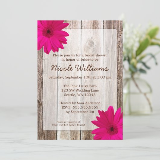 ピンクのデイジーの素朴な納屋木ブライダルシャワー 招待状 (スタンド正面)