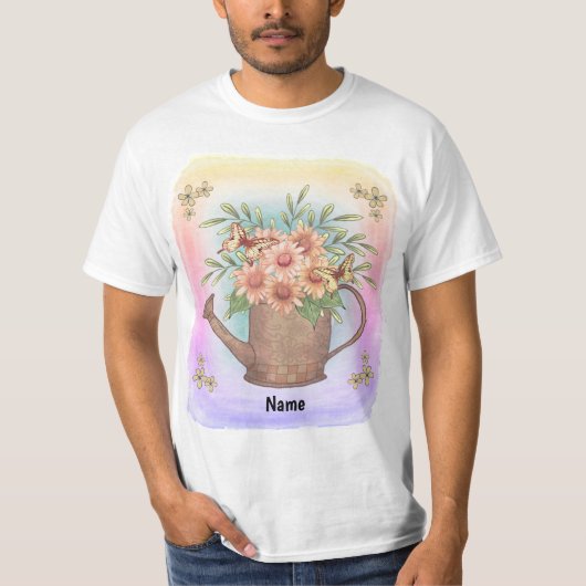 ピンクのデイジーの花ウォーターカン Tシャツ (正面)