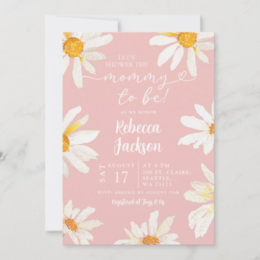 ピンクのデイジーひまわりママに赤ちゃんシャワー 招待状 (正面)