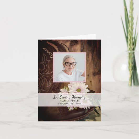 ピンクのデイジーカウボーイブーツウェスタン葬儀悔やみや弔慰 サンキューカード (正面)