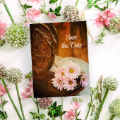 ピンクのデイジーカウボーイブーツウェディング日付を保存 案内ポストカード