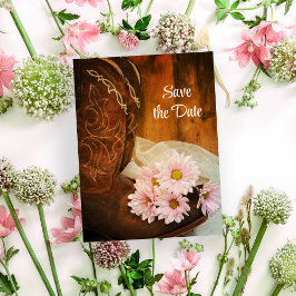 ピンクのデイジーカウボーイブーツウェディング日付を保存 案内ポストカード