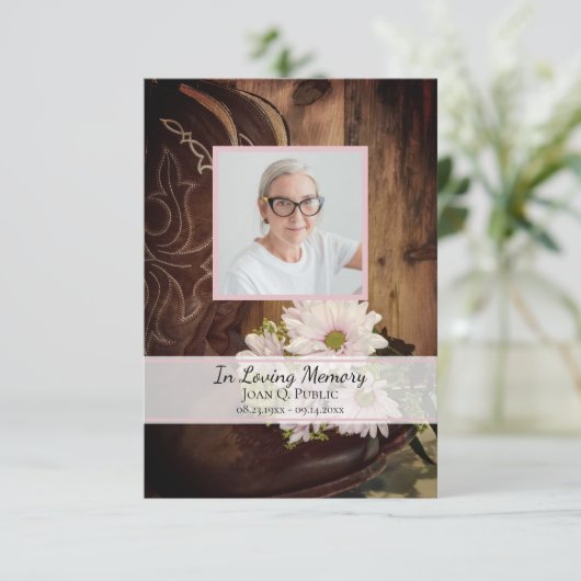 ピンクのデイジーカウボーイブーツ葬儀記念悔やみや弔慰 サンキューカード (スタンド正面)