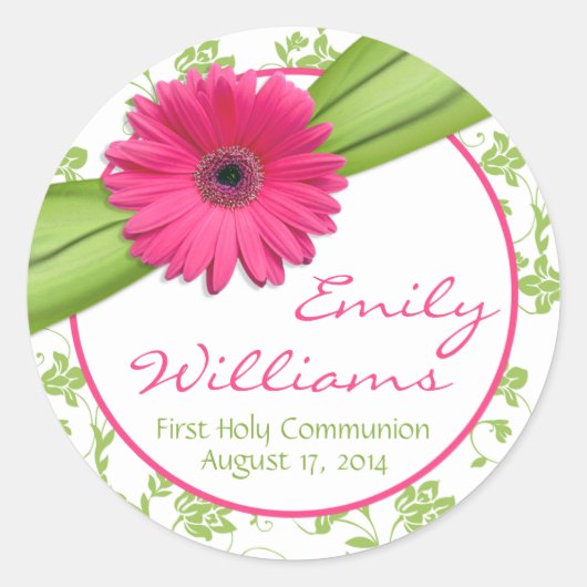 ピンクのデイジーグリーンホワイトフローラファーストコミュニオン ラウンドシール (正面)