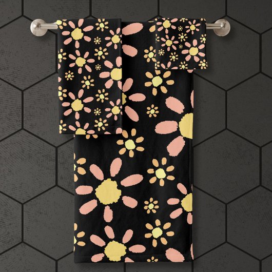 ピンクのデイジーフラワーウォーターの色のパターンの黒 バスタオルセット