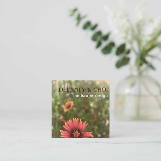 ピンクのデイジー写真ランドスキャッパーガーデンワイルドフラワー スクエア名刺 (スタンド正面)