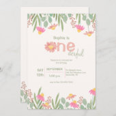 ピンクのデイジー水彩最初の誕生日招待状 招待状 (正面/裏面)