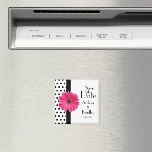 ピンクのデイジー白黒水玉模様日付の保存 マグネット (インサイチュ (食洗機))