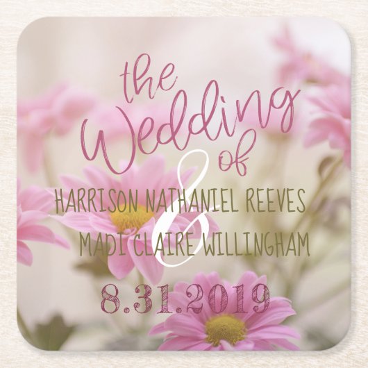 ピンクのデイジー紙コースターセットロマンチックな花 スクエアペーパーコースター (正面)