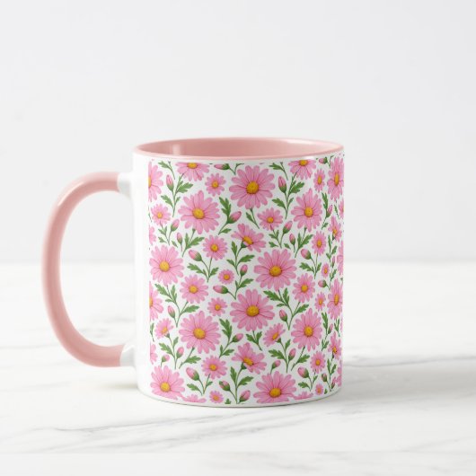 ピンクのデイジー花柄のボタニカルコーヒーマグ マグカップ (左)