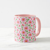 ピンクのデイジー花柄のボタニカルコーヒーマグ マグカップ (正面右)