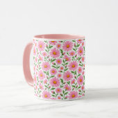 ピンクのデイジー花柄のボタニカルコーヒーマグ マグカップ (正面左)