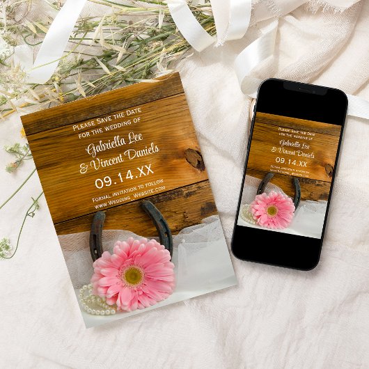 ピンクのデイジー馬蹄舎の結婚式の日付を保存 招待状