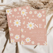 ピンクのデイジー ファースト 1歳の誕生日 招待状 ワン