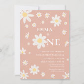 ピンクのデイジー ファースト 1歳の誕生日 招待状 ワン (正面)
