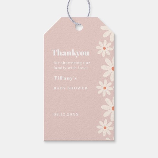 ピンクのデイジー ベイビーシャワー 花の感謝 ギフトタグ (正面)