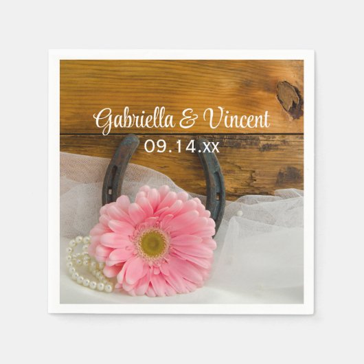 ピンクのデイジー、真珠と馬蹄西結婚の スタンダードカクテルナプキン (正面)