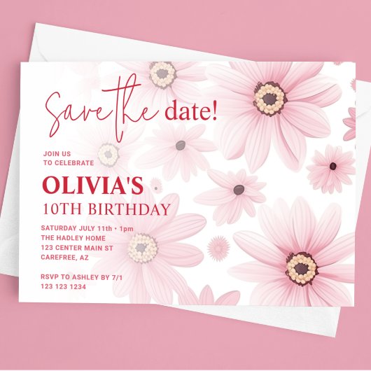 ピンクのデイジー Save the Date 子供の誕生日 招待状