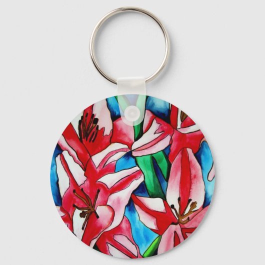 ピンクのデイリリーの水彩画アート作品 キーホルダー (正面)