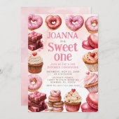 ピンクのデザート スイート ワン セレブレーション ファースト バースデー 招待状 (正面/裏面)