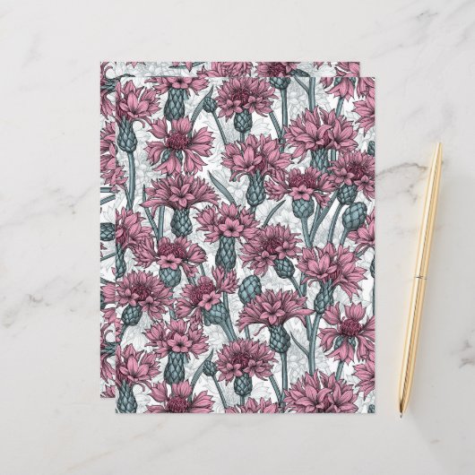 ピンクのトウモロコシの花、白い上に野生の花 (正面/裏面インサイチュ)