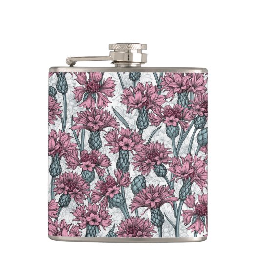 ピンクのトウモロコシの花、白い上に野生の花 フラスク (正面)