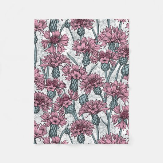 ピンクのトウモロコシの花、白い上に野生の花 フリースブランケット (正面)